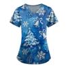 Ladies' Fashionable V-neck Pocket Short Sleeved Christmas Tree Printed Caregiver Shirt