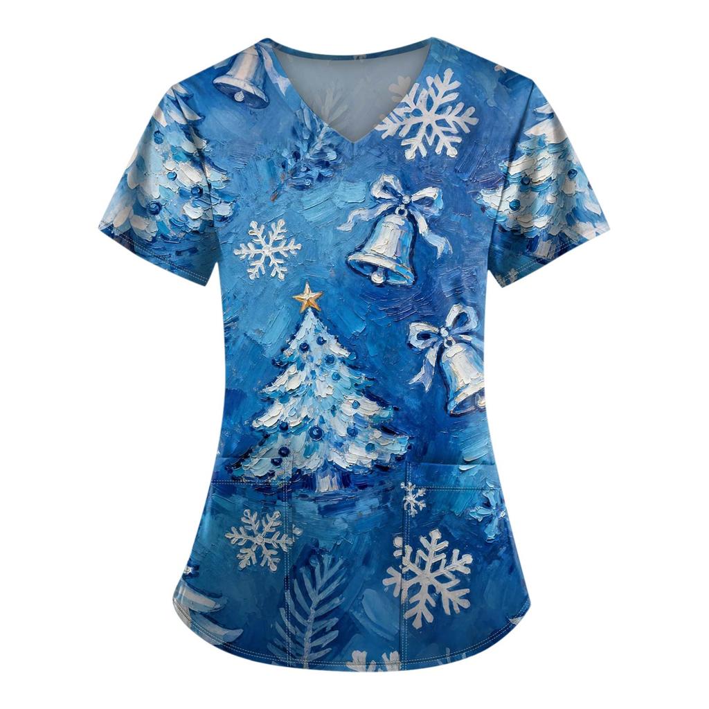 Ladies' Fashionable V-neck Pocket Short Sleeved Christmas Tree Printed Caregiver Shirt