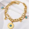 Gold Plated Stainless Steel Double Layer Turquoise Sunburst Charm Bracelet