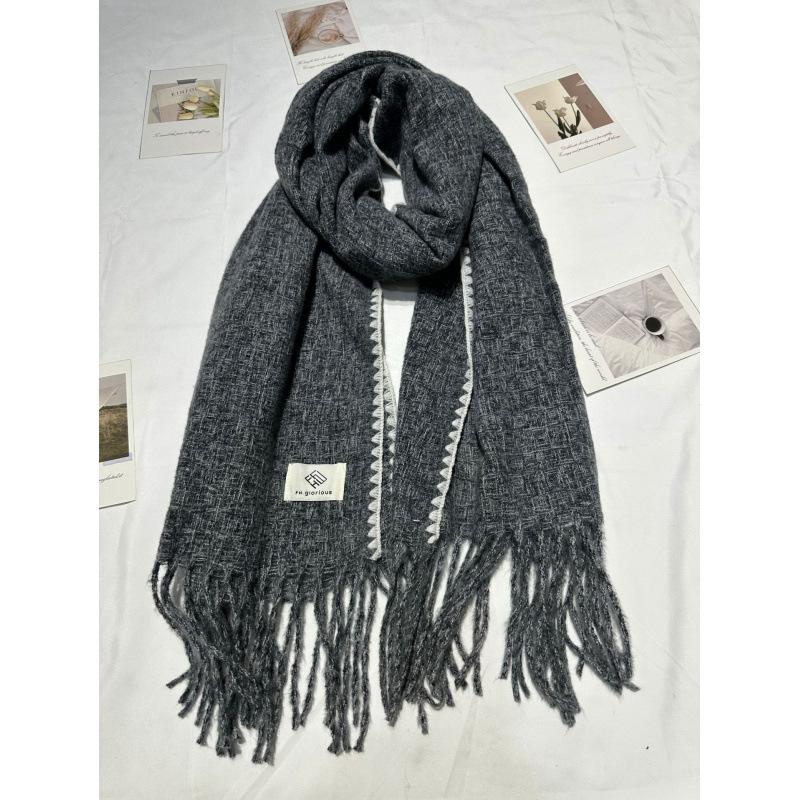 New Ins Versatile Atmosphere Solid Color Dog Tooth Edge Imitation Cashmere Scarf Thickened Large Version Scarf Shawl