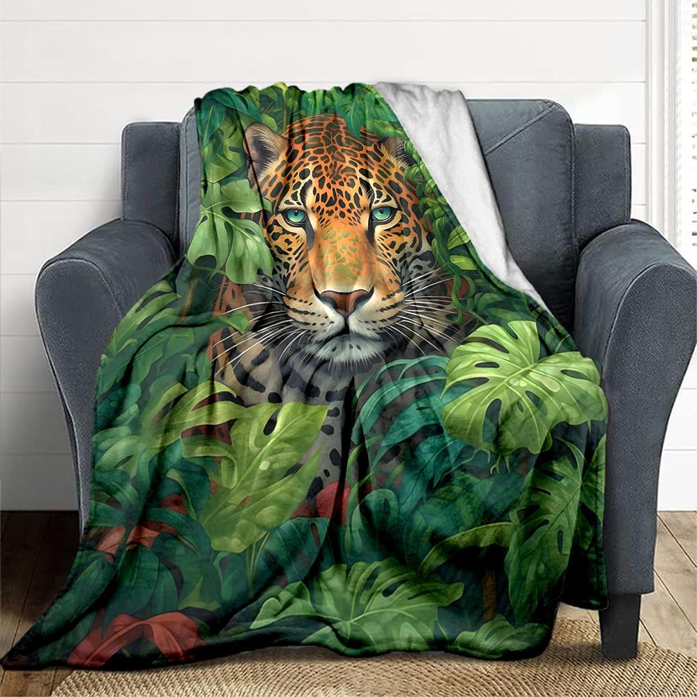 1pc Jungle Leopard Print Blanket Lightweight Flannel Blanket Throw Blanket For Sofa, Bed, Travel, Camping, Livingroom, Office, Couch, Chair, And Bed y