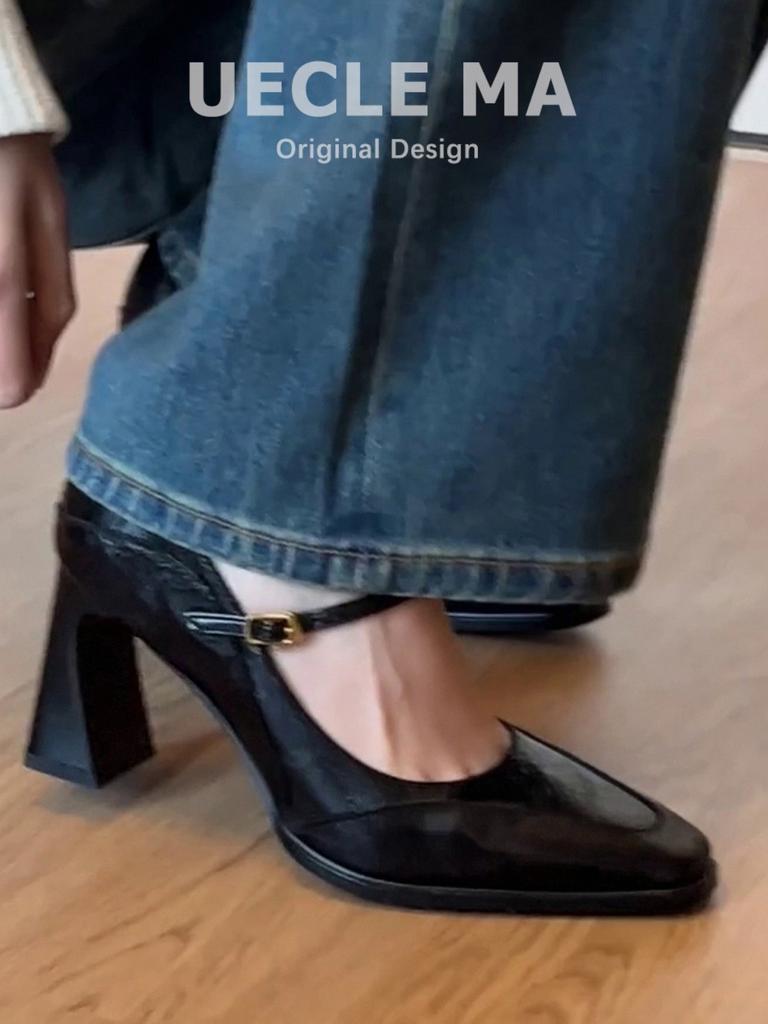 Sheepskin model~ leather French single shoes women's spring and autumn high heels femininity advanced not tired feet thick heel Mary Jane shoes