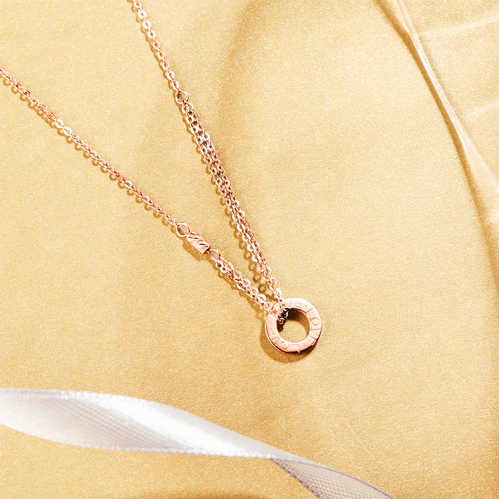 Necklace K18 Pink Gold Ring Clavicle Chain LOVE Engraved Circle Day Christmas Birthday Anniversary Present Gift Wrapping Included [FANCIME] Women's