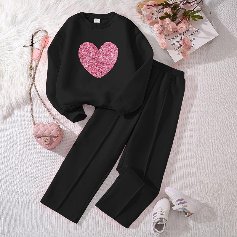 Girls' Big Kids 2-Piece Outfit Set Heart Print Long Sleeve Sweatshirt with Casual Wide Leg Pants Trendy Fall Winter Wear