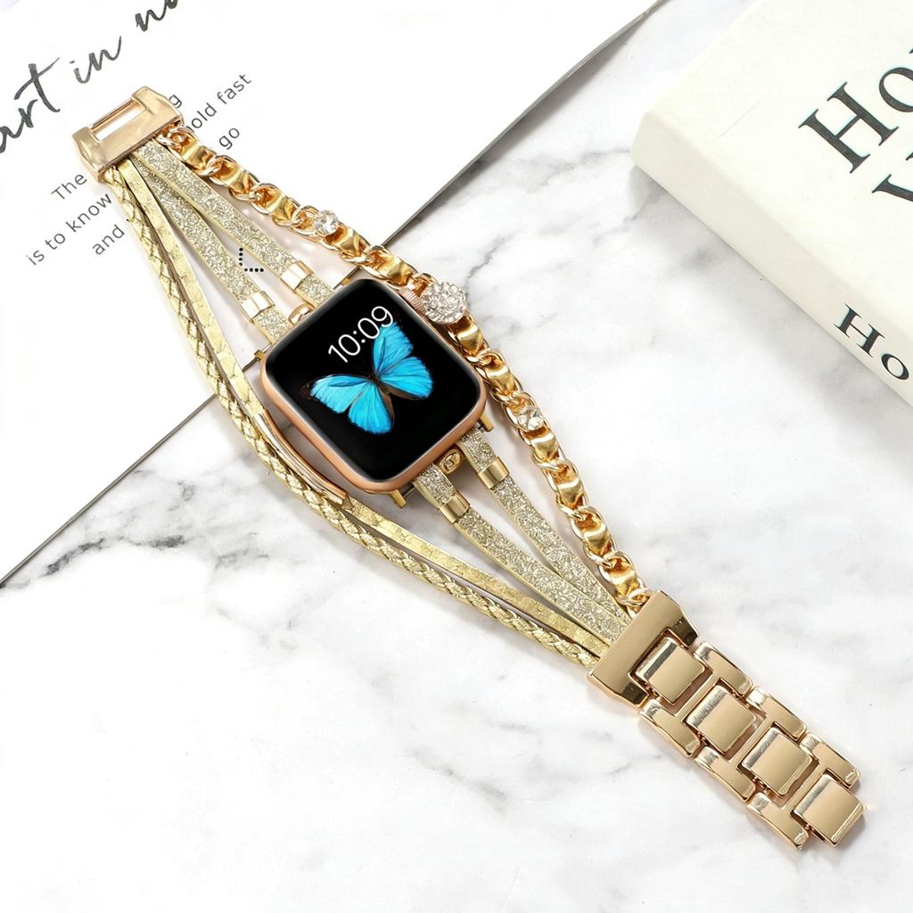 Bling Weave Armband Riemen Lederschlaufe Für Apple Watch Band Damen Serie S11 10 9 8 40mm 41mm 38mm 42mm 44mm 45mm 46mm