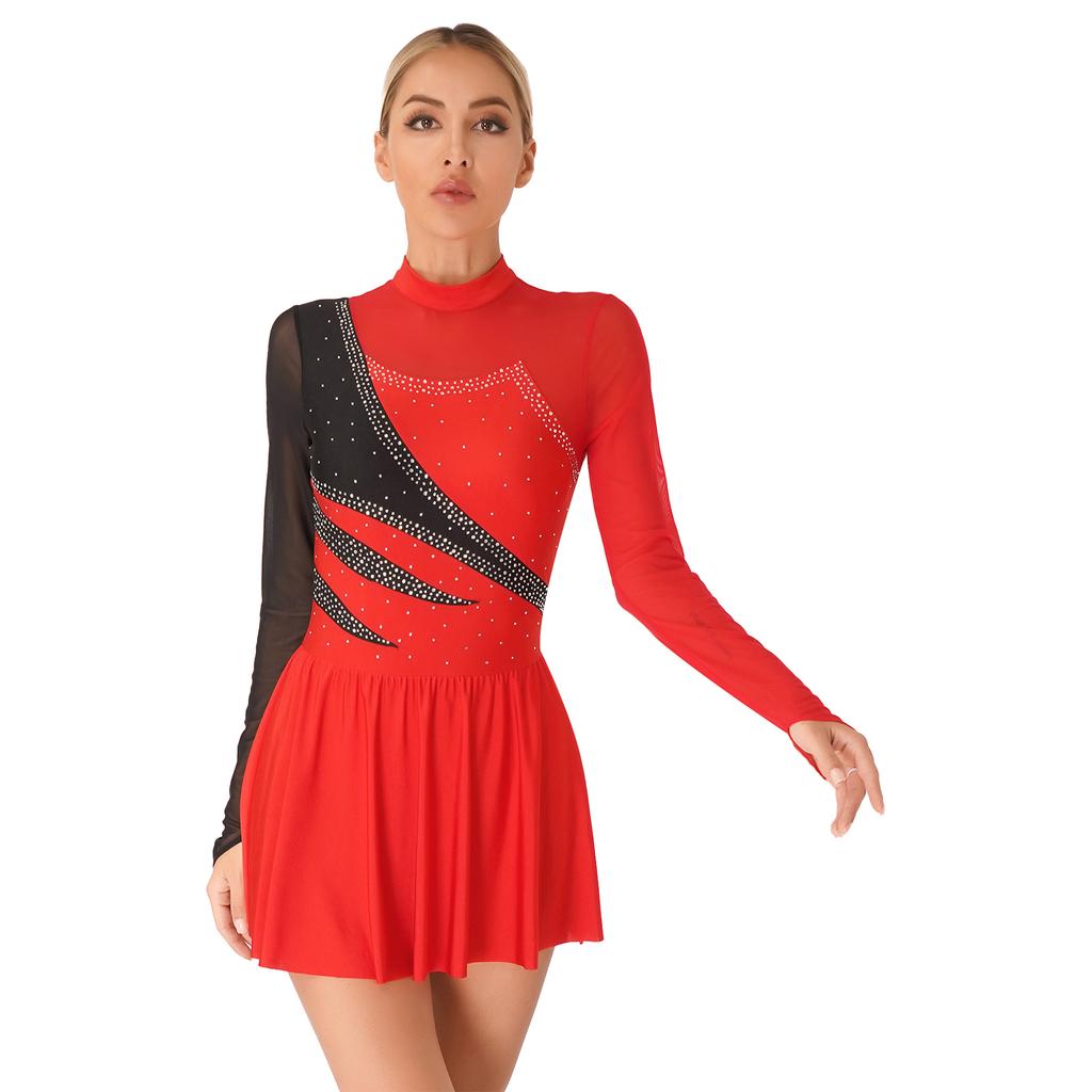 Dlouhý rukáv Tyl Všitý Výřezy Záda Kolečkový krasobruslařský dres Šaty Gymnastické Baletní Taneční Kostýmy