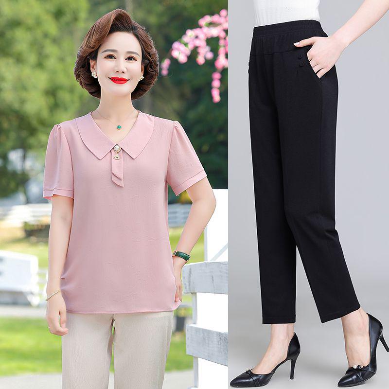 Mom's Stylish Summer Two-Piece Set: Chiffon Top & Short Sleeve T-Shirt for Middle-Aged Women