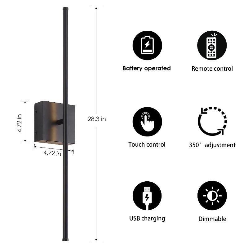 Wireless Rechargeable LED Sconce Touch Switch Black Wall Mounted Light Bedroom Hallway Living Room Indoor Lighting Lamp