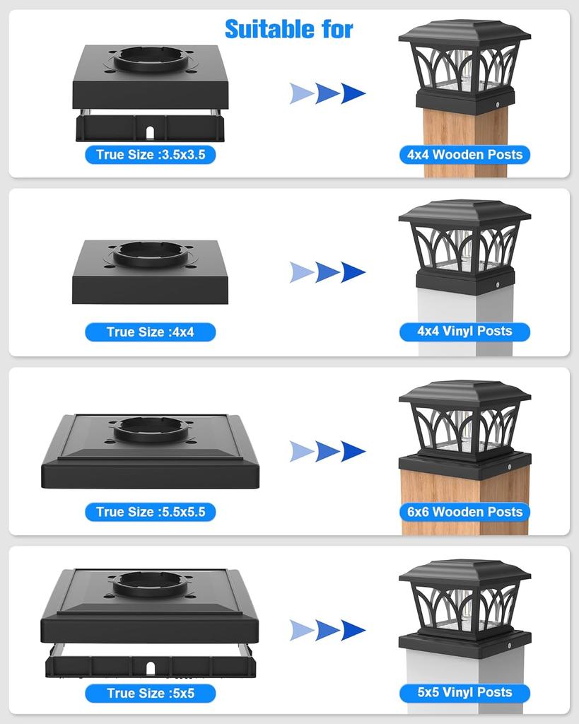 4 Pack Outdoor Solar Post Lights with Edison LED Bulbs, 2 Brightness Settings for Garden Fence, Deck, Patio, Fits 4x4 6x6 Posts