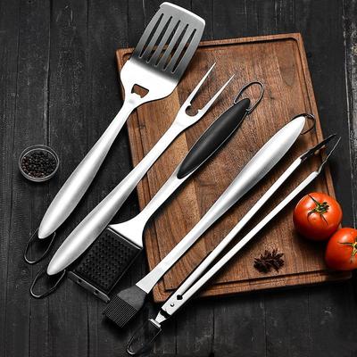 16-Inch Stainless Steel BBQ Tool Set - 5 Pieces: Grill Fork, Food Clip, Oil Brush
