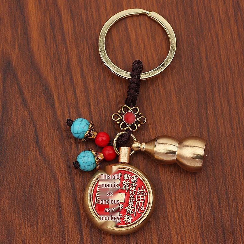 Brass Ghost Coin Pendant: Copper Bag Ornament with Red Oil Bagua Design