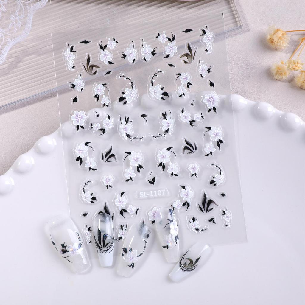 Aurora Bläck Blommiga 3D-Nagelklistermärken: Eleganta kinesiska stilreliefvita blomsterdekaler