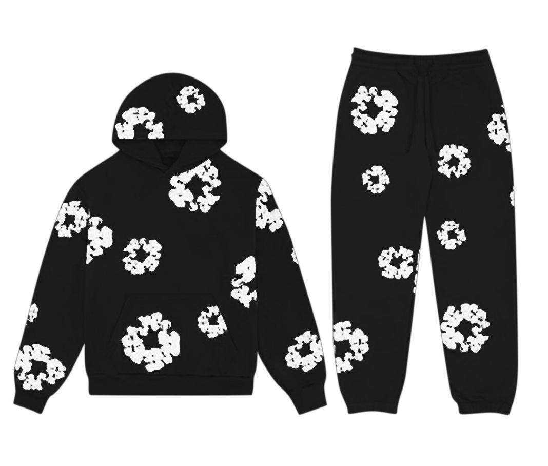 

2004 Модный унисекс-комплект из толстовки с капюшоном и спортивных штанов с цветочным принтом suit; L чёрный