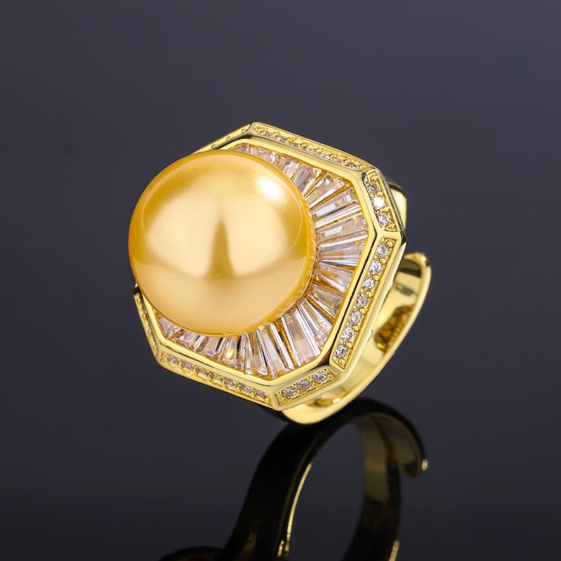 Jewelry Copper Platinum Plated Inlaid Fritillary Pearl Diamond Temperament Square Ring 14Mm