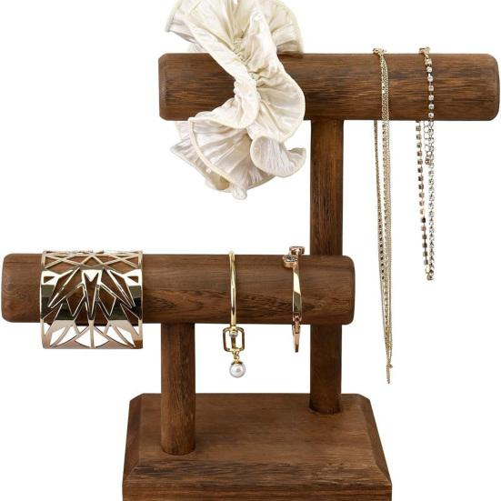 Jewelry Rack Solid Wood Jewelry Holder with Double-Layer T-Shaped Design Display Stand for Necklaces Bracelets Watches