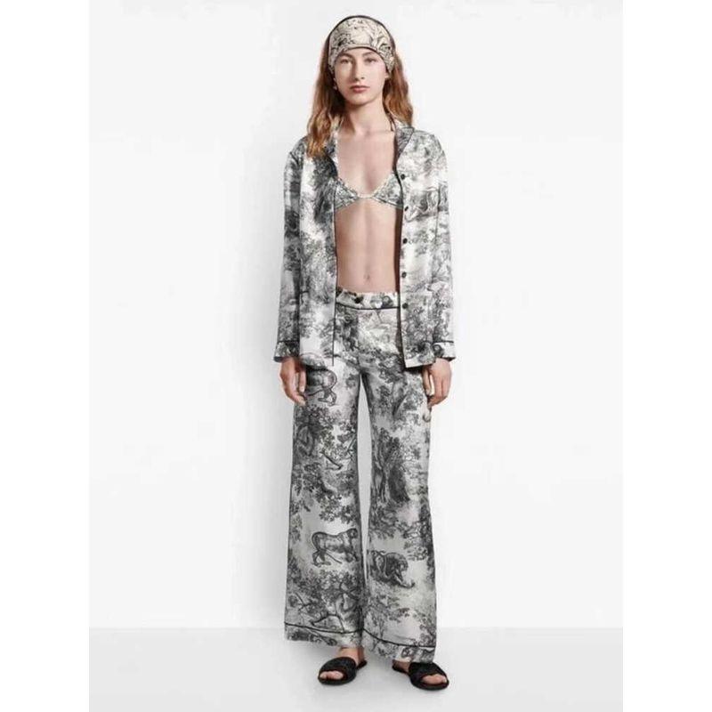 

French Dijia ~ White Background Ink Painting Artificial Silk Silks and Satins Pajamas Women s Suit French Seam Long Sleeves Pants Homewear Dijia White Ink L