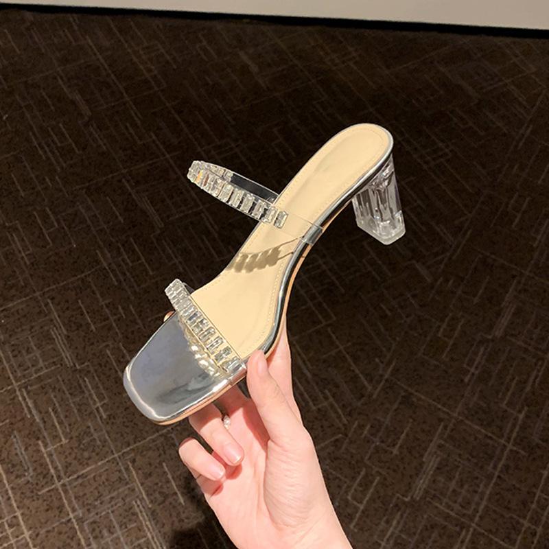 Summer new fairy square head word with rhinestone pvc transparent thick heel sandals actress crystal heel wear cool slippers
