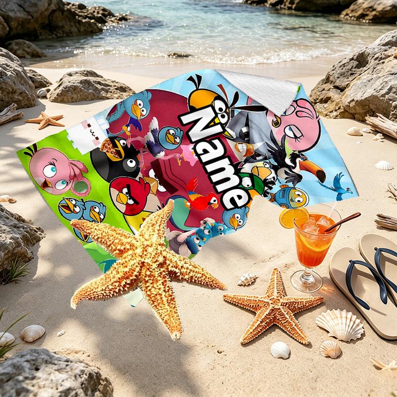 Custom Name Personalized Angry Birds Print Beach Towel, for Trip Camping Beach Party Home Decor, Birthday Gift for Family & Friends