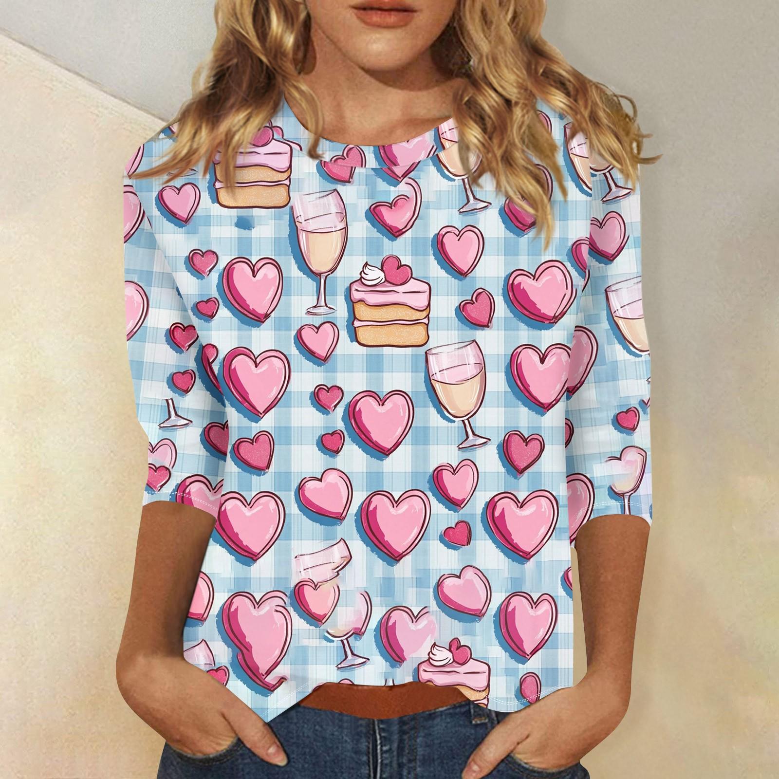 

Женская повседневная свободная футболка с круглым вырезом и принтом ко Дню святого Валентина с рукавами три четверти L синий