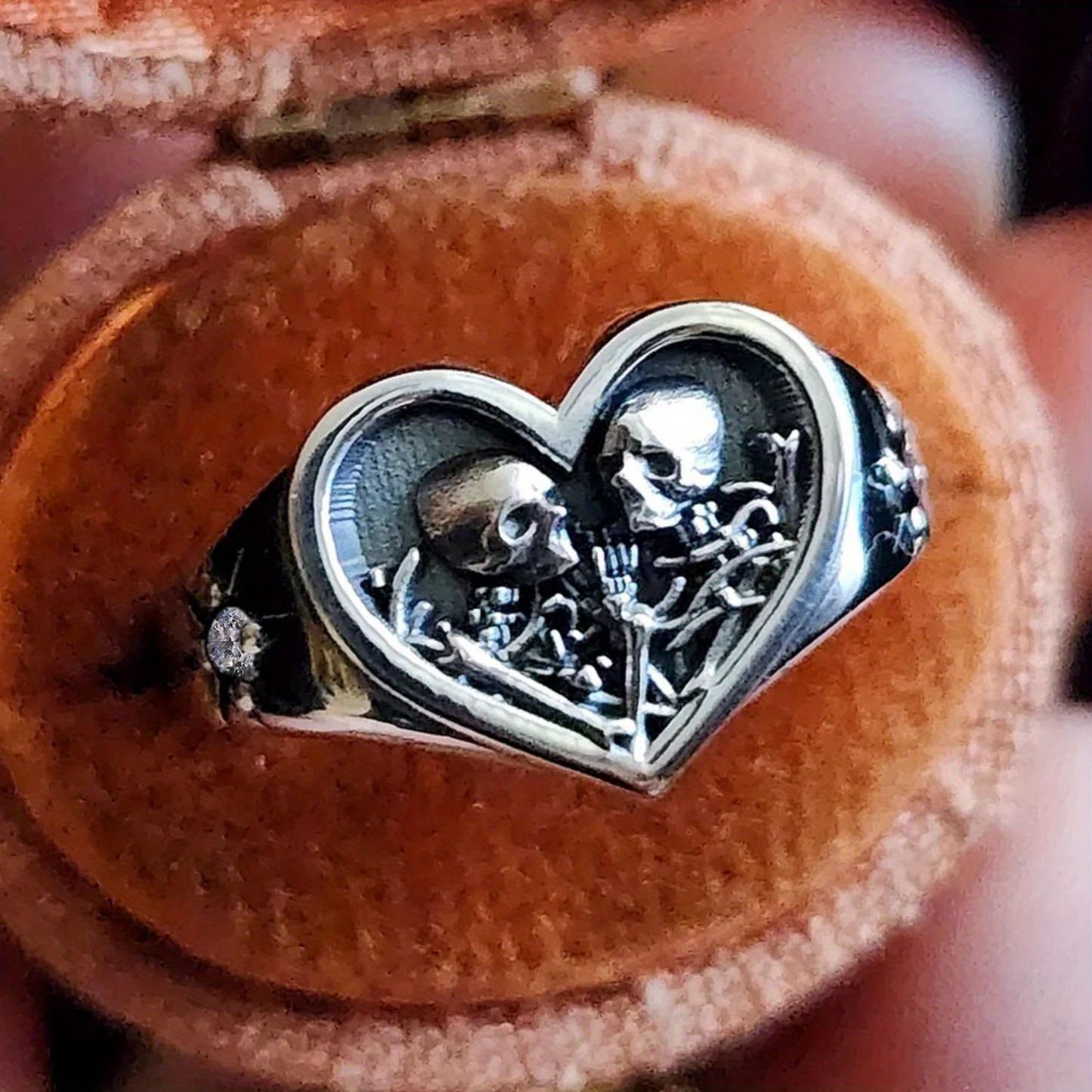 Gothic Skeleton Heart Signet Ring, Silver Plated Copper, Synthetic Zirconia, Romantic Engagement, with Silver Plated Copper for Daily Wear, Party, Gif 7