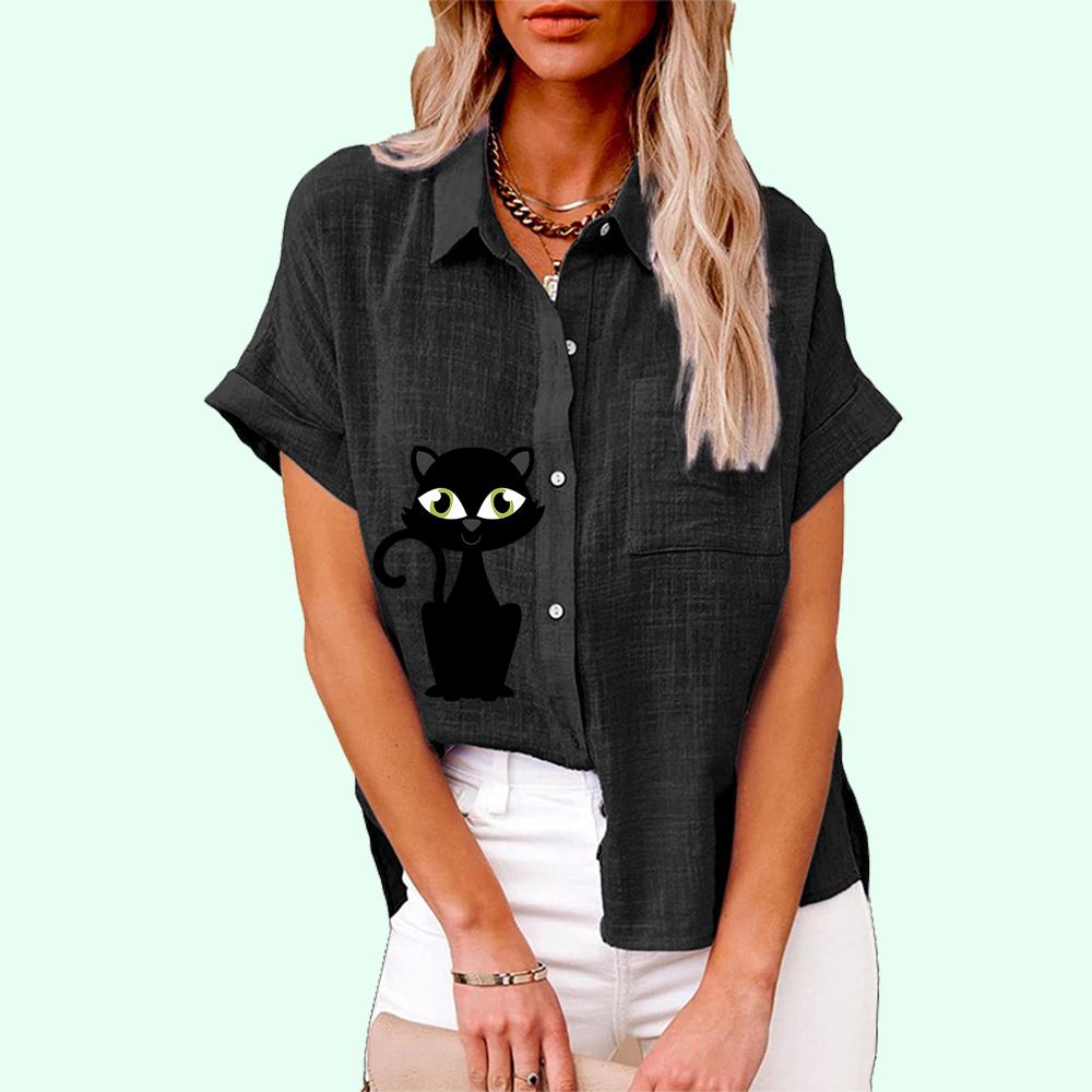 Plus Size Women Casual Short Sleeved Linen Top Fashion Cat Print T-shirt Ladies Loose Buttoned Blouse