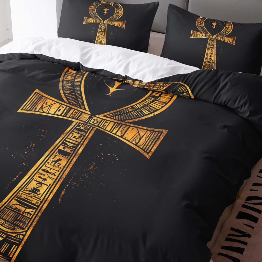 3-teiliges ägyptisches Ankh-Kreuz Bettbezug-Set Schwarz Gold Digitaldruck Polyester Bettwäsche mit Kissenbezügen Reißverschluss