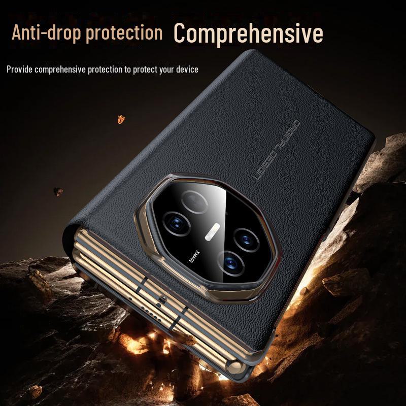 Husă din piele pentru Huawei MateXT: Pliere în trei, din piele naturală de vită Nappa, cu model perforat, cu fereastră inteligentă și suport.