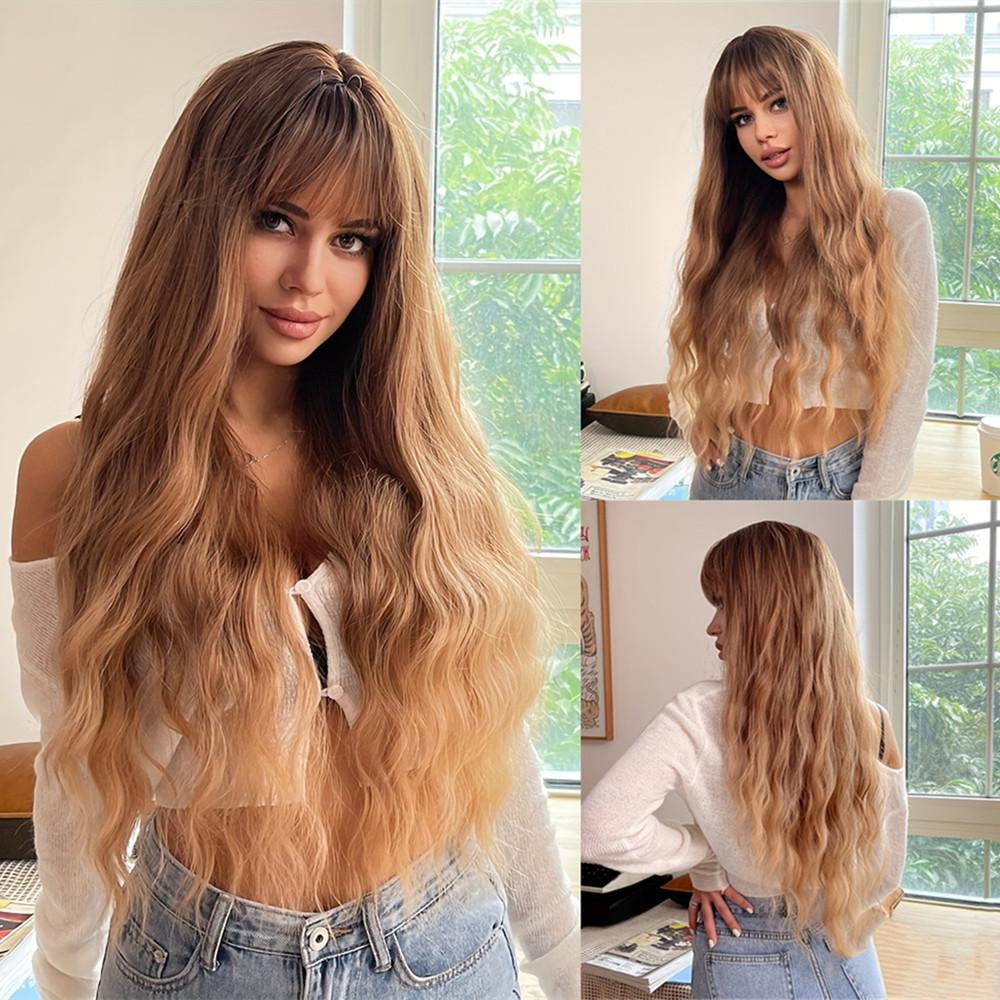 Long Curly Wigs Brown Loose Wavy Synthetic Wig With Bangs Chocolate Brown for Women Afro Wig Daily Party Use Heat Resistant Wigs