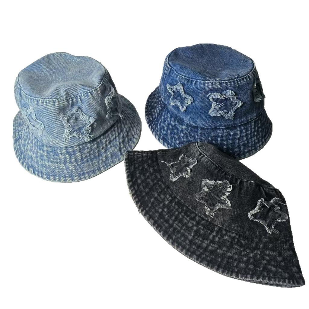 New Five Pointed Star Patch Denim Fisherman Hat For Women, Sweet Retro Street Versatile Bucket Hat