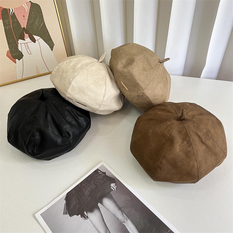 Autumn and winter old retro matte leather beret solid color versatile painter hat showing face small star anise pumpkin hat