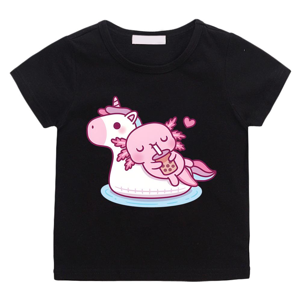 Axolotl Bubble Tea On Unicorn Tshirts Kawaii Anime Print Tops Cute Girl Cotton T-shirts Summer New Versatile Short Sleeve Tees