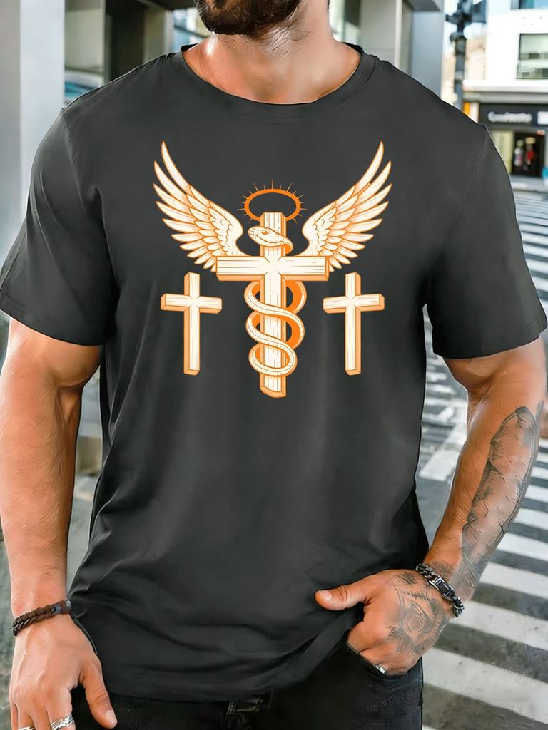 Three Crosses Winged Snake Religious Art Unisexs T Shirt Faith Symbol Graphic Tee Casual Short Sleeve Top Christian Believer Gift