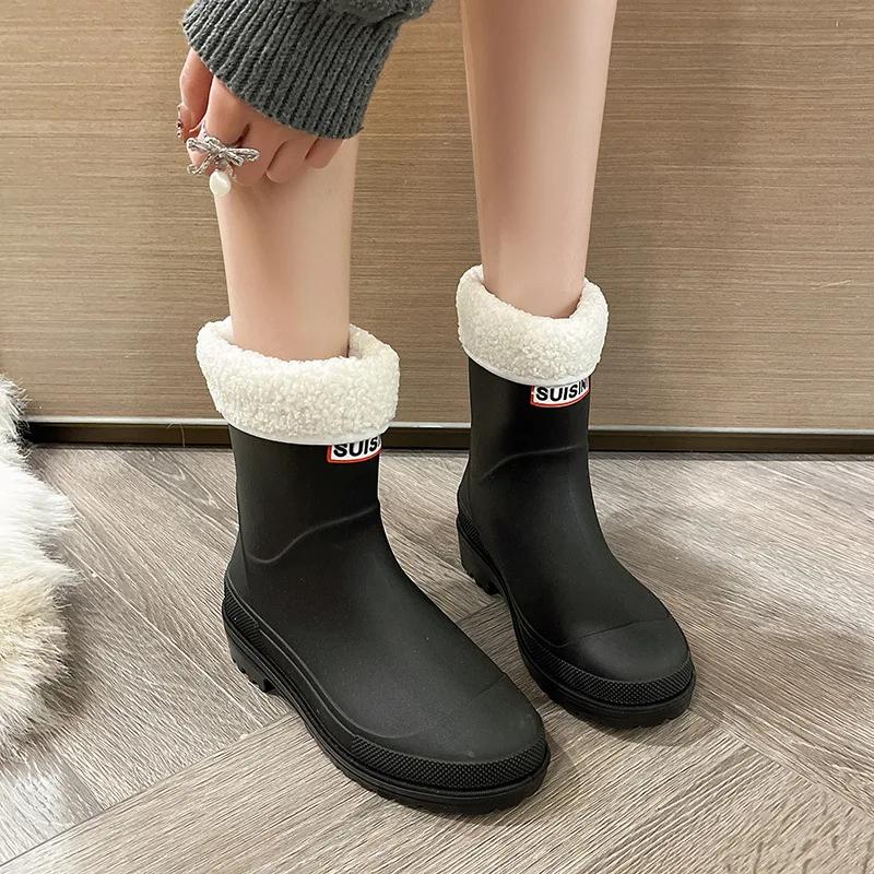 Winter Preppy Style Women's Fleece-Lined Rain Boots Anti-Slip Rubber Shoes Fashionable Outer Wear Adult Beautiful Waterproof