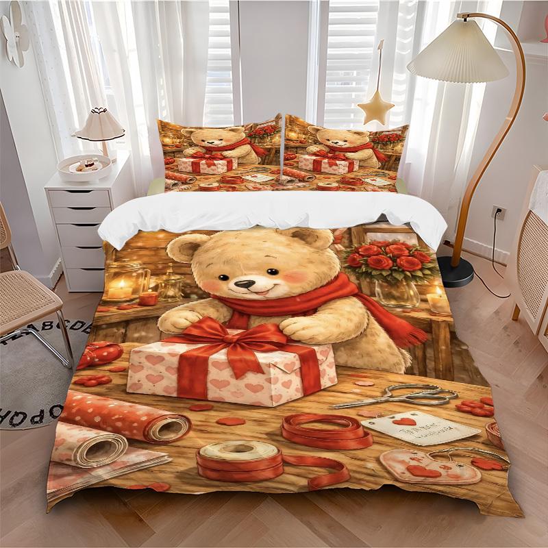 3pcs Anime Teddy Bear Bedding Set - Includes One Quilt Cover and Two Pillowcases (No Core) - Festive Gift for Home Decor, Bedroom and Guest