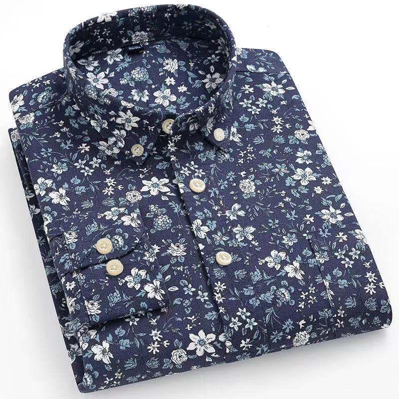 Autumn New Striped Long Sleeve Shirt Cotton Oxford Spinning Washed Casual Men's Cardigan Button Neck Shirt