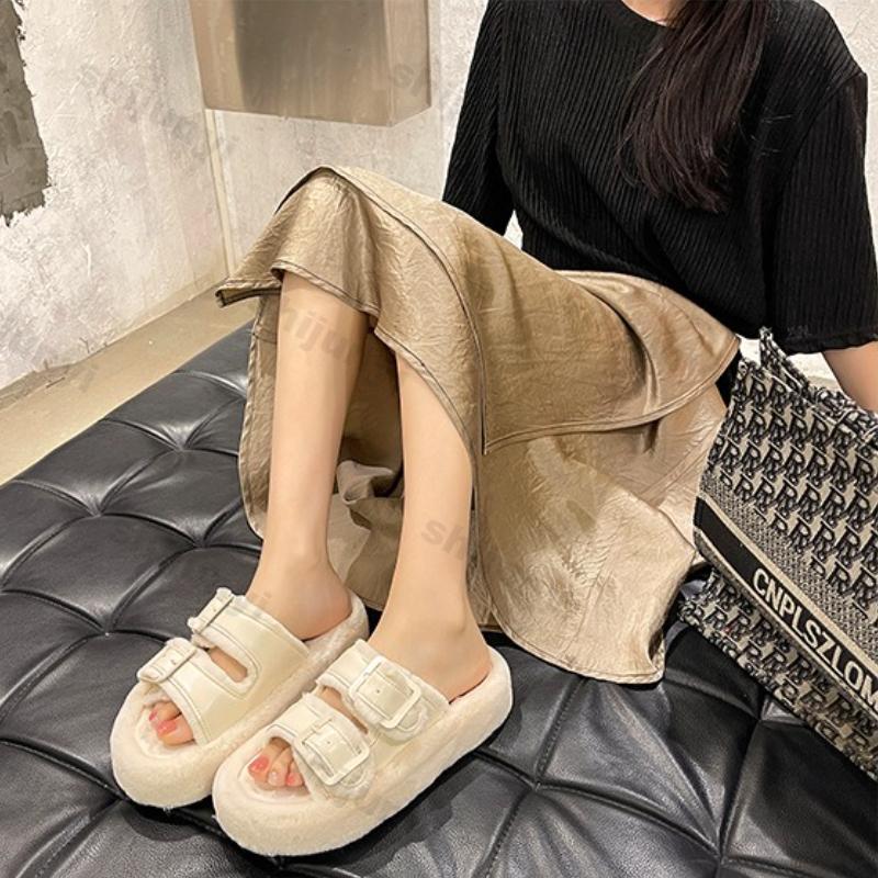 Women's Platform Plush Shoes Autumn Winter Leather Buckle Casual Shoes Height Increase Outdoor Non Slip Cotton Slippers