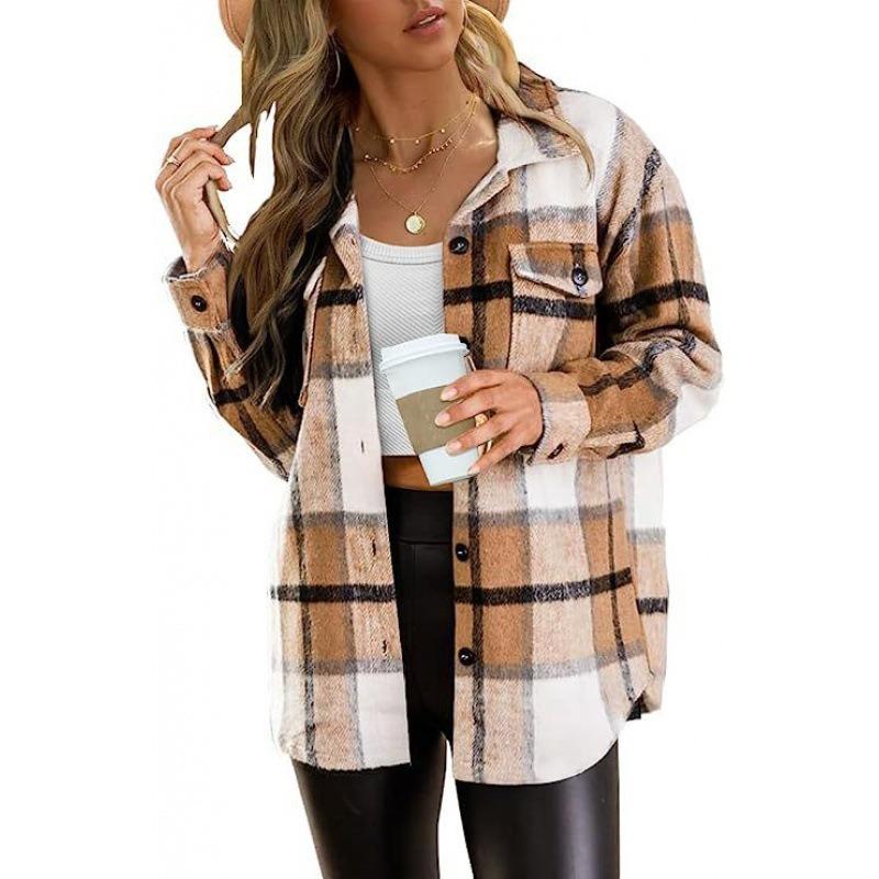 Women Loose Long Sleeve Plaid Shirt With Large Pockets Turn Down Collar Casual Blouse Top