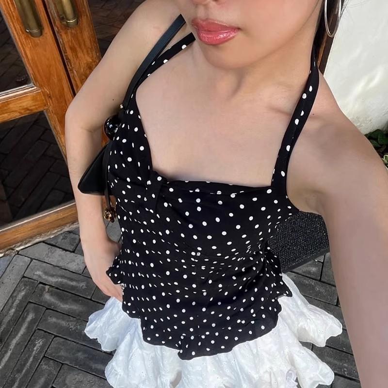 Nouveau Débardeur Sexy à Bretelles Imprimé Pois Français pour Femmes Style Princesse Pur et Séduisant Coupe Ajustée à la Taille