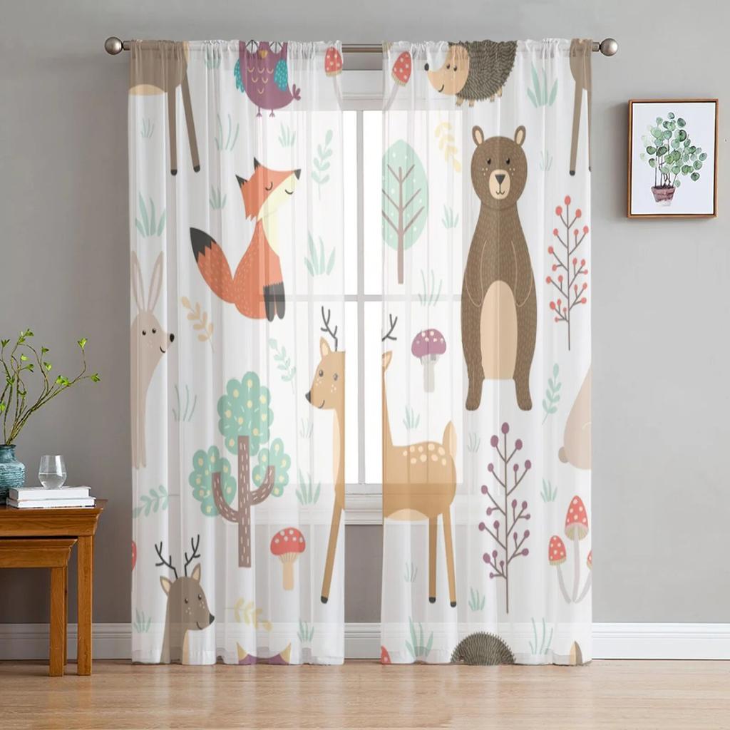 Animal Bird Fox Forest Winter Window Curtains for Living Room Kitchen Door Curtain Sheer Curtains for Bedroom