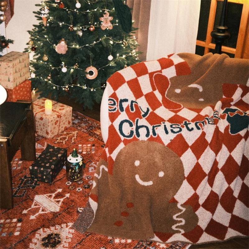 2025 New Half Fleece Sofa Blanket Christmas Atmosphere Warm Autumn Winter Holiday Decoration Gingerbread Wish Design