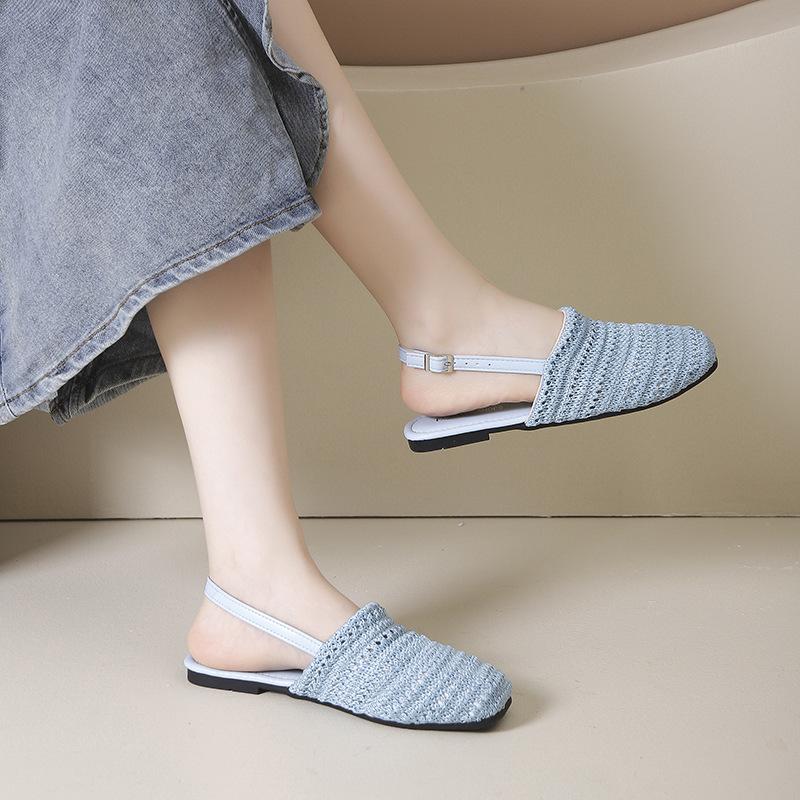 Bohemian linen woven breathable empty bag head half slippers women's 2025 new flat-bottomed sandals