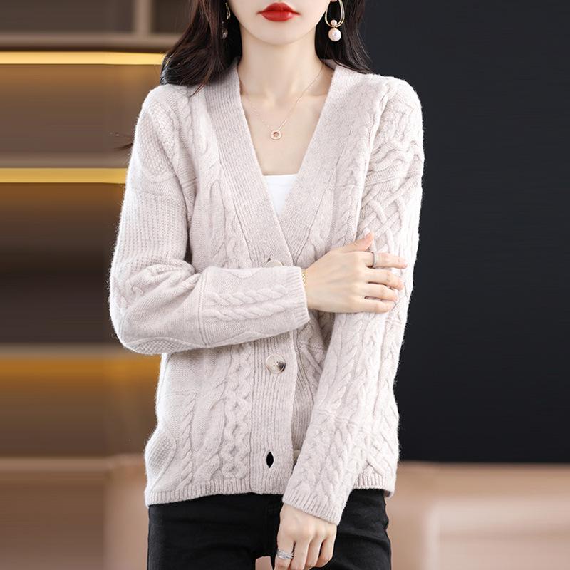 Stylish Retro V-neck 100% Pure Wool Cable Knit Cardigan Sweater