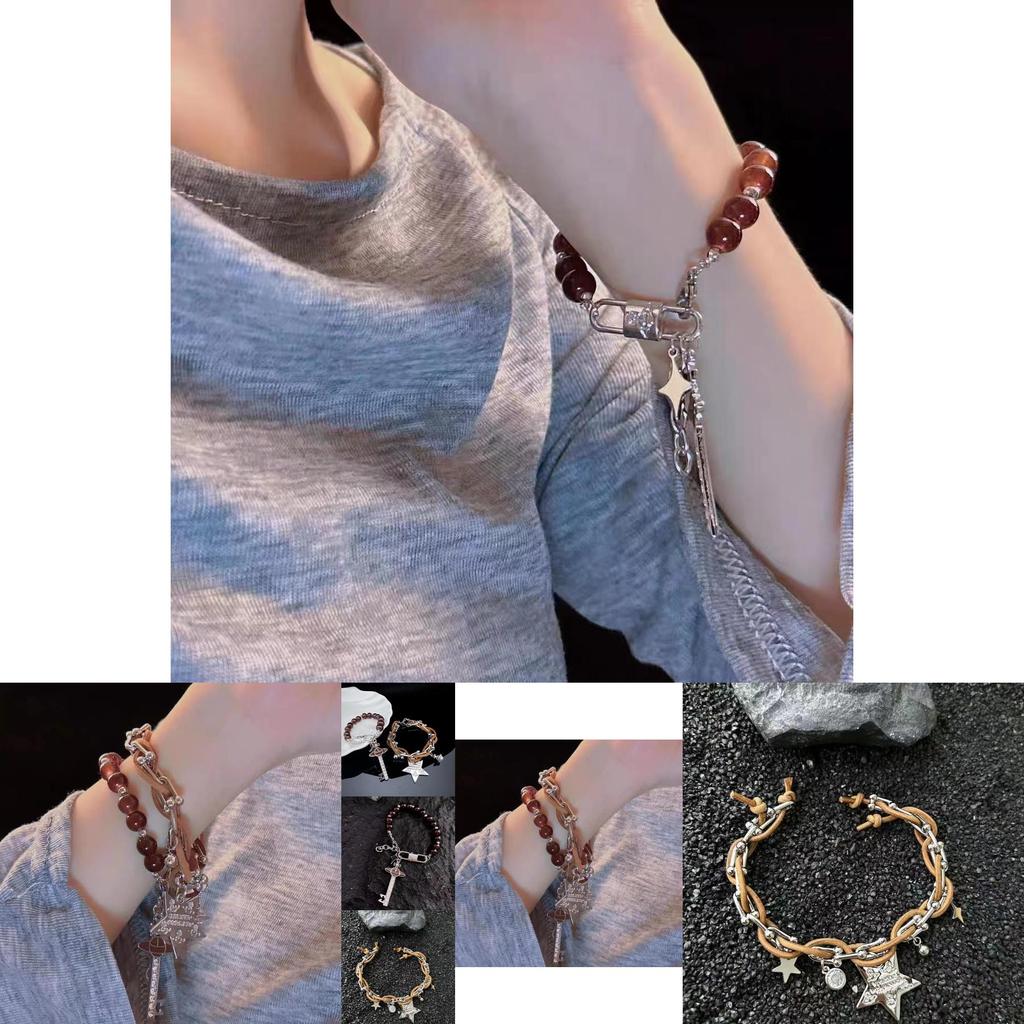 Fashionable Brown Leather Star Bracelet With Beads For Anniversary Gifts