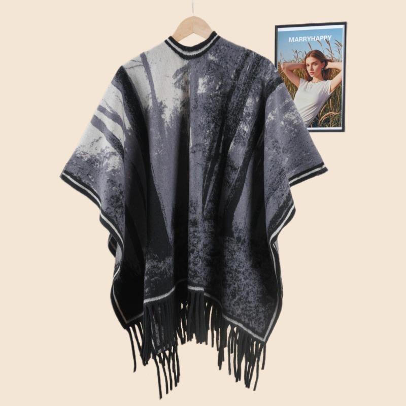 Ladies antique ink landscape printing thickened warm shawl cape Chinese aesthetic travel photo atmosphere shawl