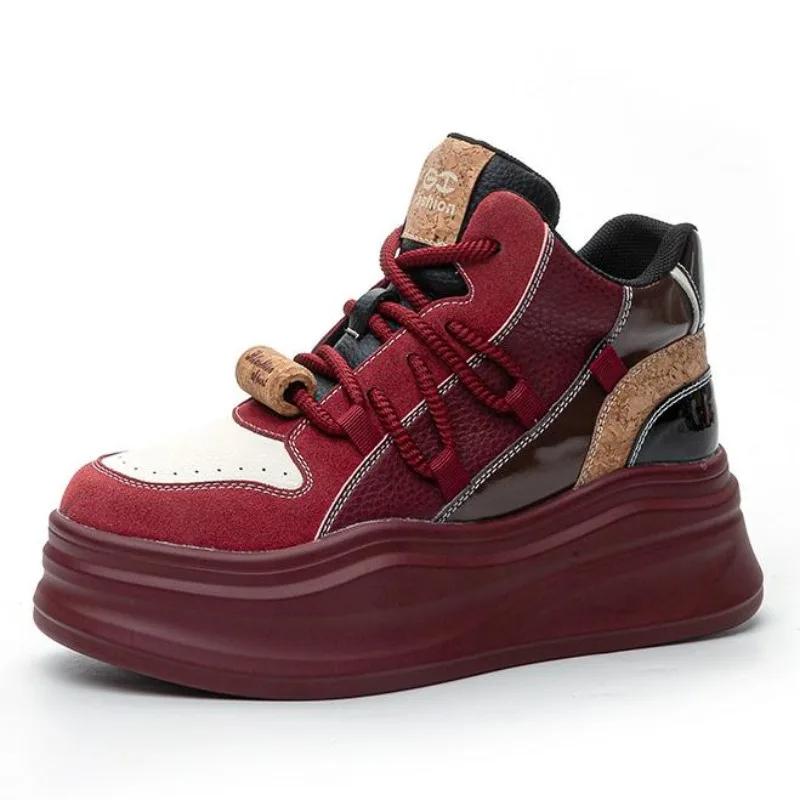7CM Genuine Leather Platform Wedge Fashion Women Spring Comfy New Autumn Winter Chunky Sneakers Vulcanize Shoes Skateboard Shoes