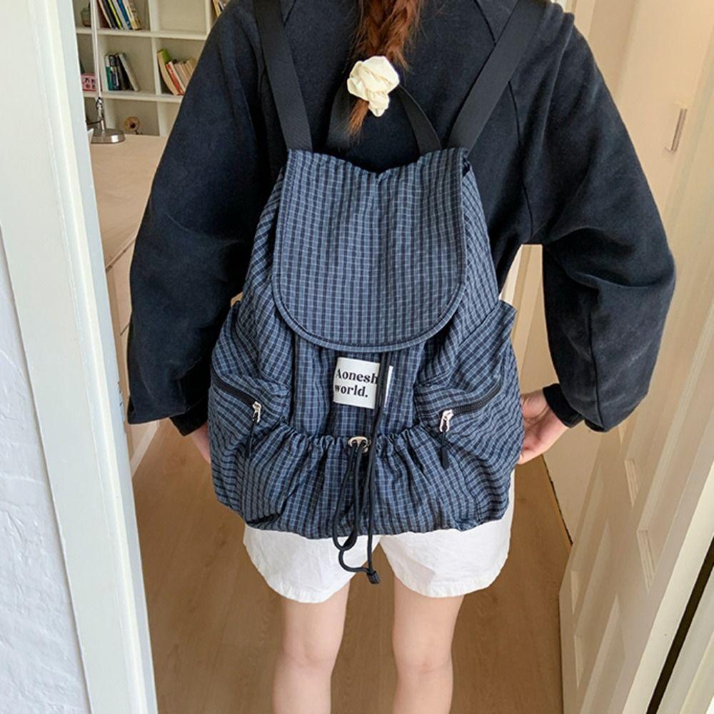 Karomuster Raffung Schultertaschen Koreanische Studenten Schultasche Trendige Rucksack mit Kordelzug Herren Damen