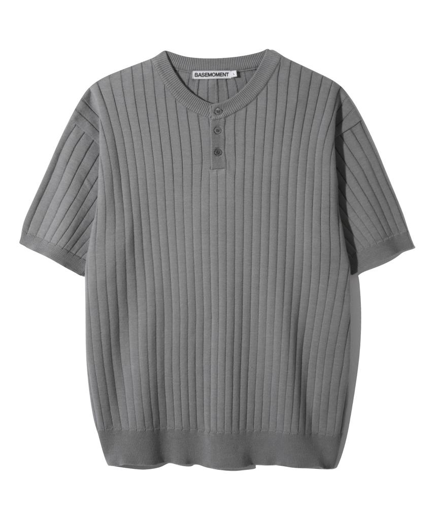 BASEMOMENT Ribbed Henley Neck Knit Cool Grey
