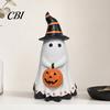 Halloween Table Centerpiece Ghost Figurine, Cute Wearing Hat And Holding Holiday Vibes Decor Pumpkin Statue, Resin Ornament for Shelf Tabletop