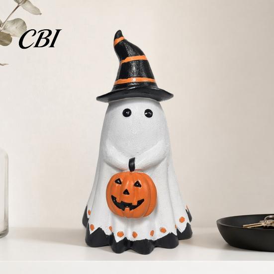 Halloween Table Centerpiece Ghost Figurine, Cute Wearing Hat And Holding Holiday Vibes Decor Pumpkin Statue, Resin Ornament for Shelf Tabletop