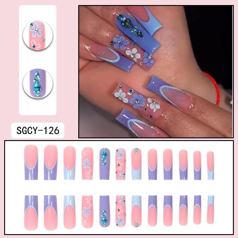 Long Press-On Nails With Adhesive Tabs Full Cover Fake Women INS Style Acrylic Nail Tips Reusable Wearable Art